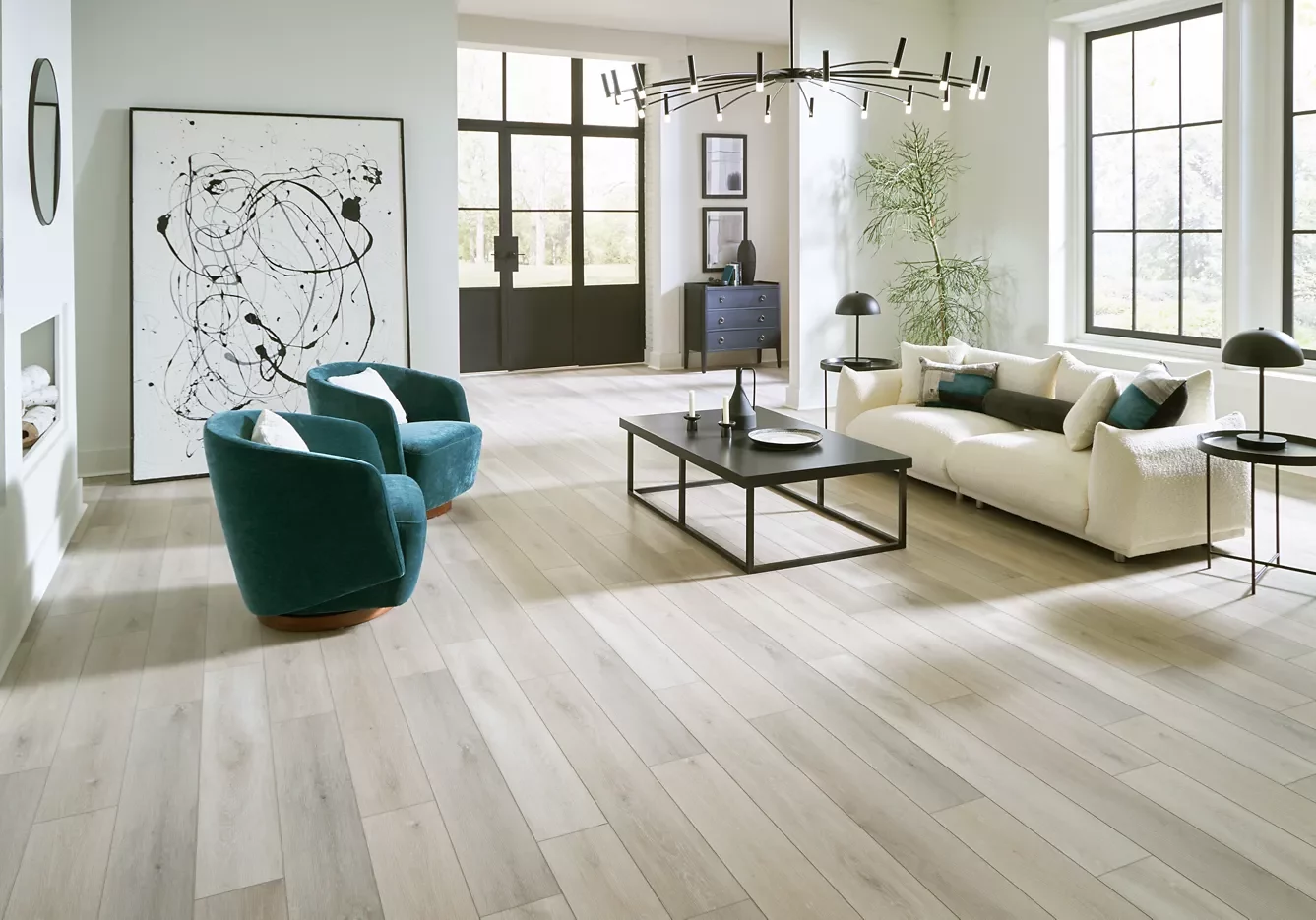 Teal couches in living room