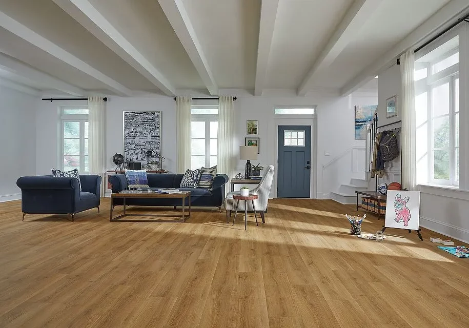 Blue sofa in spacious living room